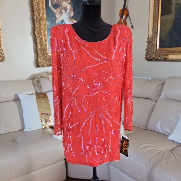 100% SILK SEQUIN BEADED BOHO COCKTAIL PARTY TOP M - Picture 5 of 14